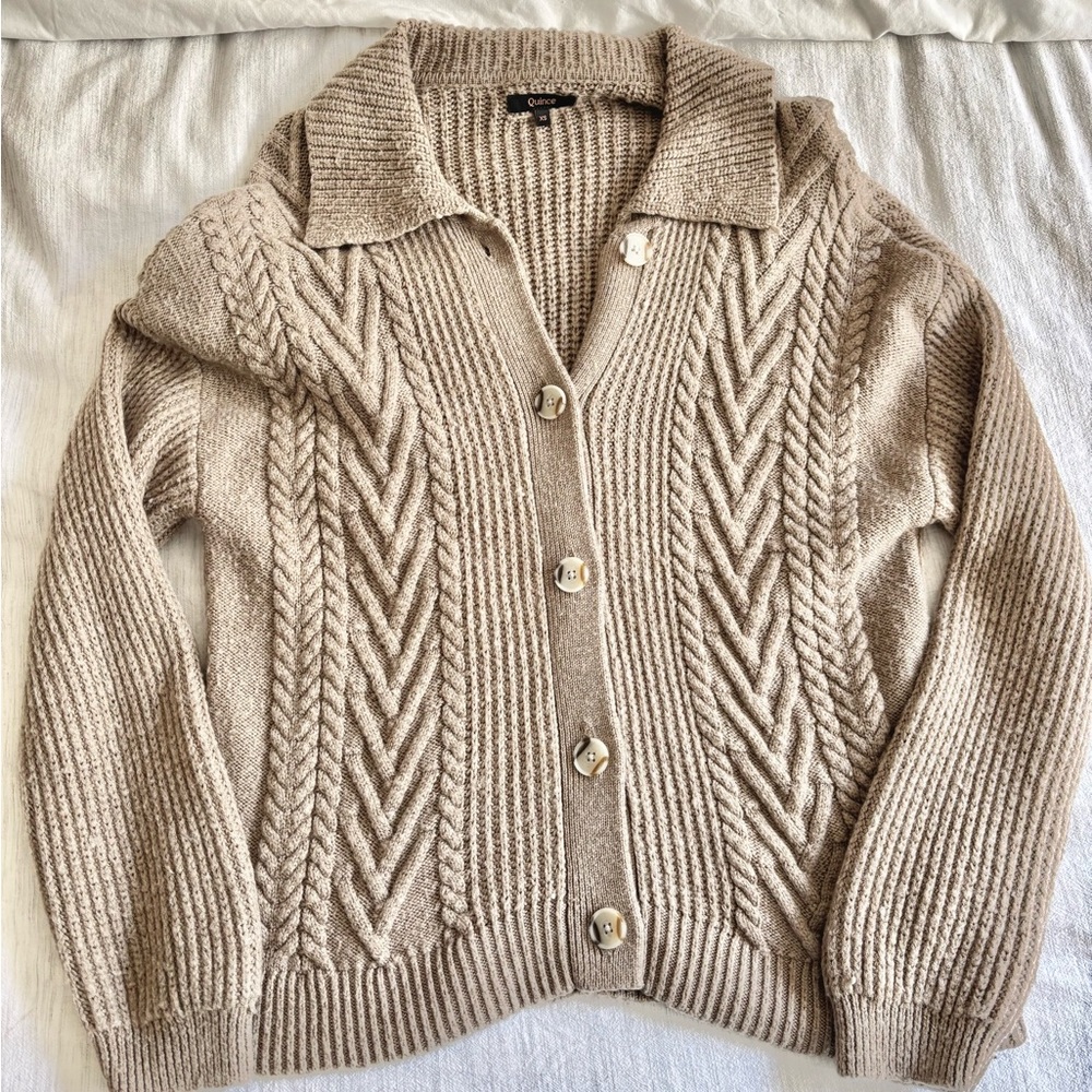Quince Cream Cable Knit Cardigan Sweater